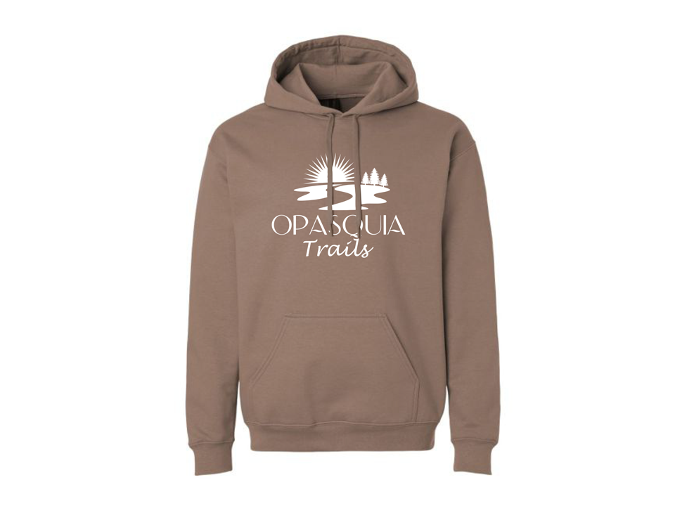 Tan hoodie with white imprinted logo