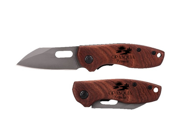 Logo imprinted pocket knife with wooden handle